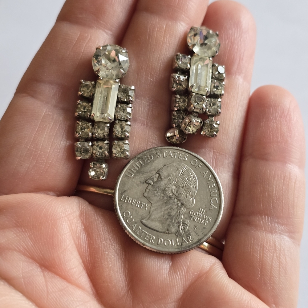 Vintage earrings Sparkly rhinestones old Hollywood glam prom black tie formal - Picture 10 of 11